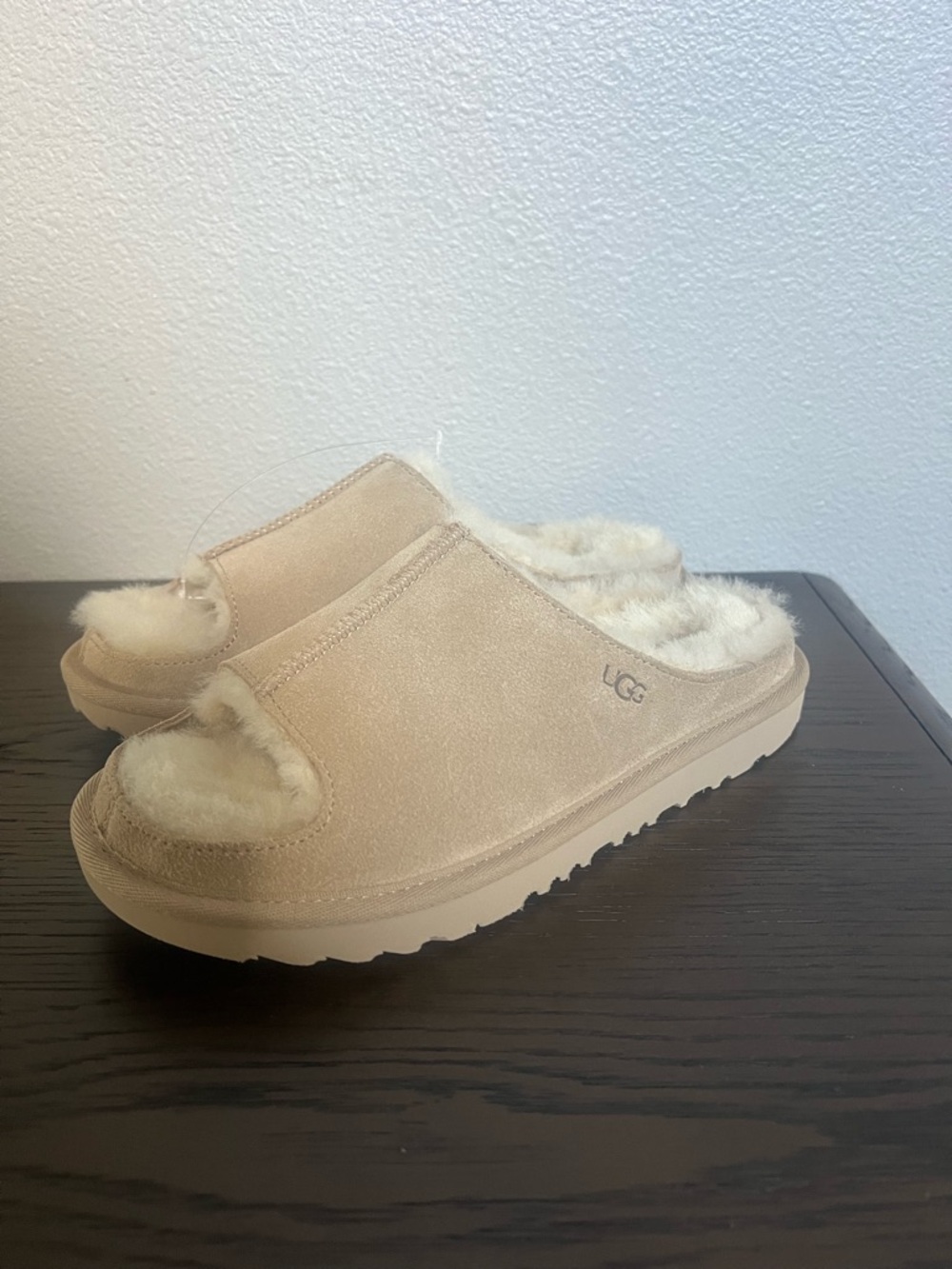 UGG Beige Shearling-Lined Suede Slide Slippers